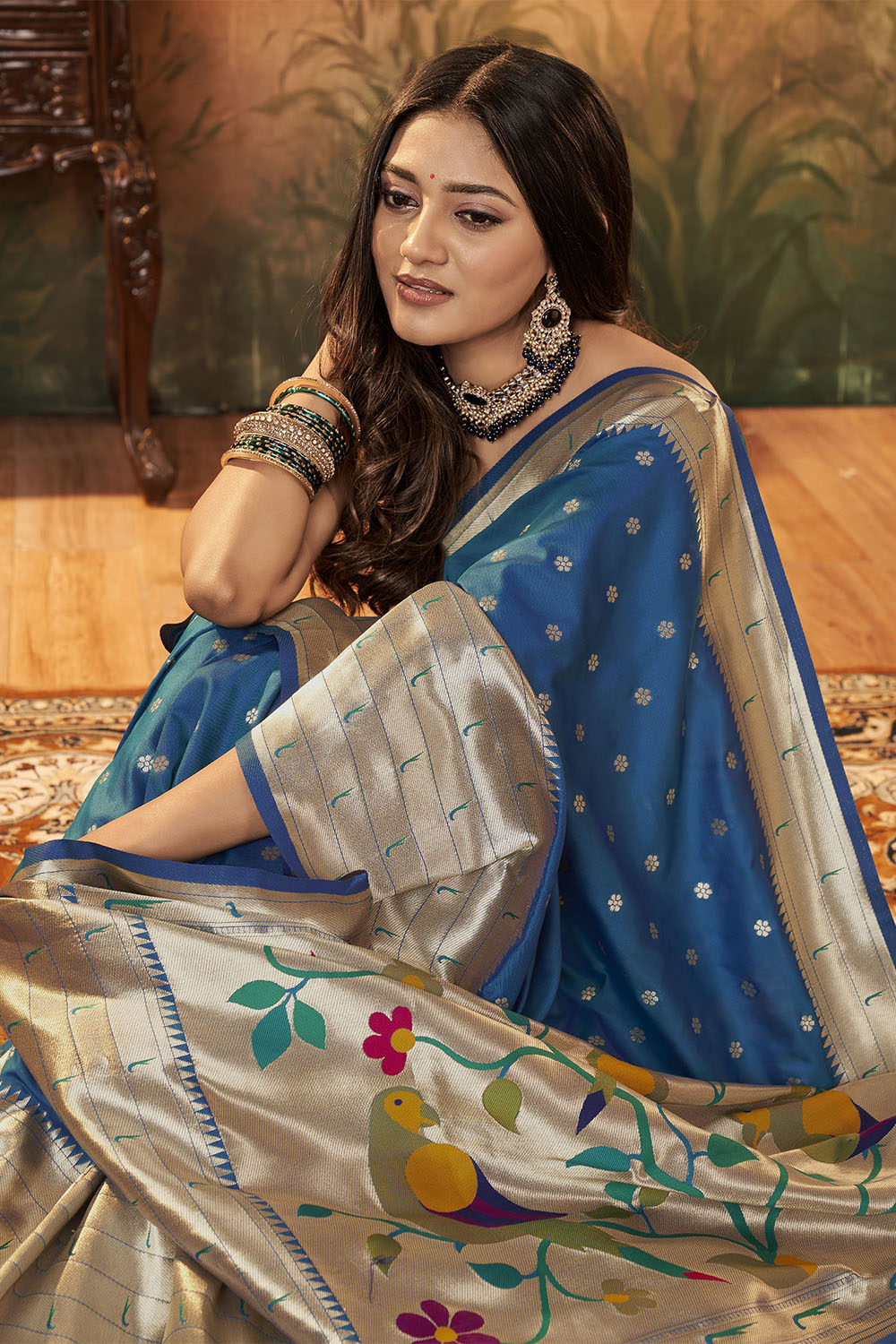 Peacock Blue Banarasi Paithani Saree with Parrot Pallu and Broad Zari Border