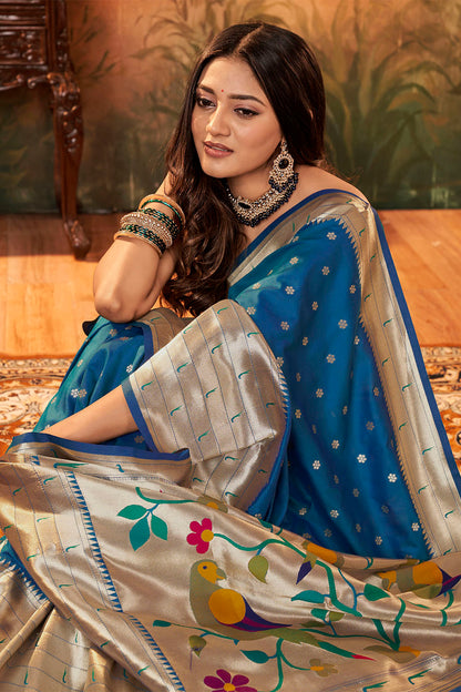 Peacock Blue Banarasi Paithani Saree with Parrot Pallu and Broad Zari Border