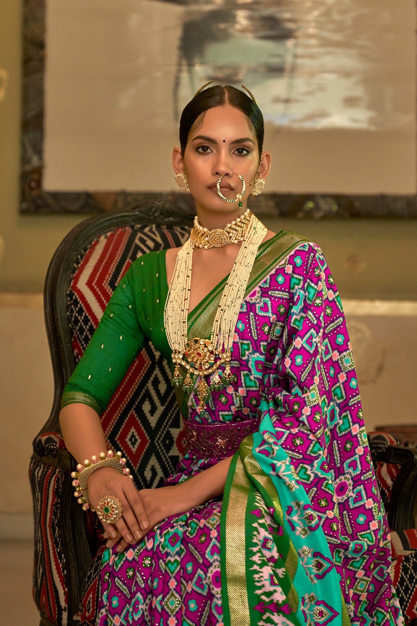 Dark Magenta Ikat Design Patola Saree with Patola Border and Blouse