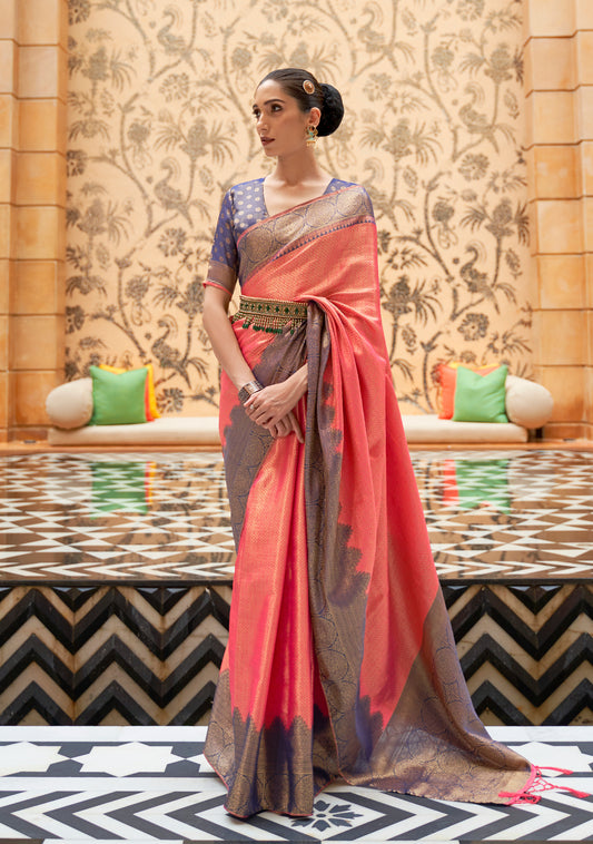 Rose Pink with Grey  Soft Kanjivaram Silk Saree with Blouse