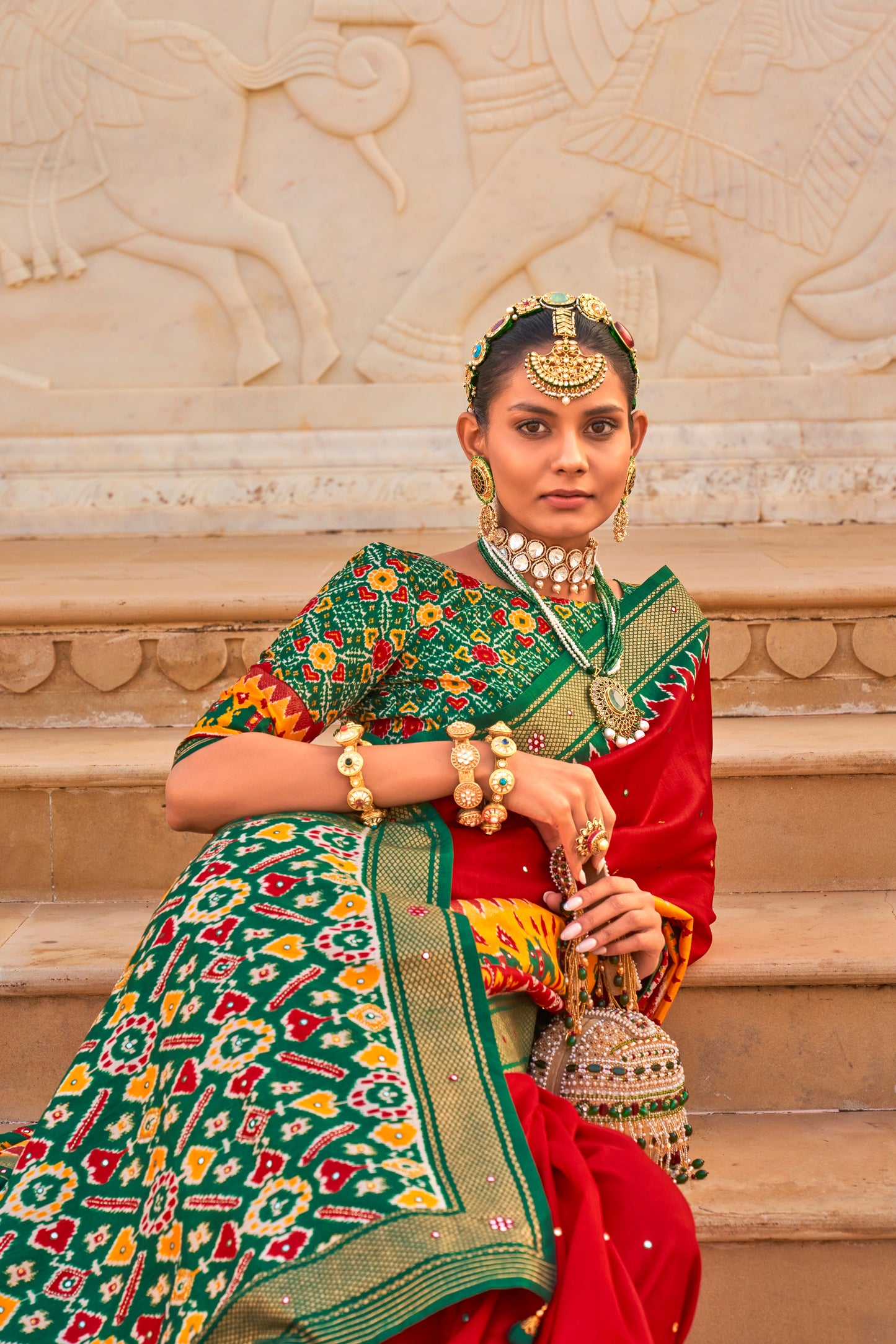 Dark Red Patola Inspired Designer Embellished Bordered Saree