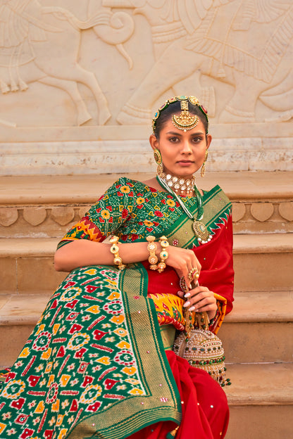 Dark Red Patola Inspired Designer Embellished Bordered Saree