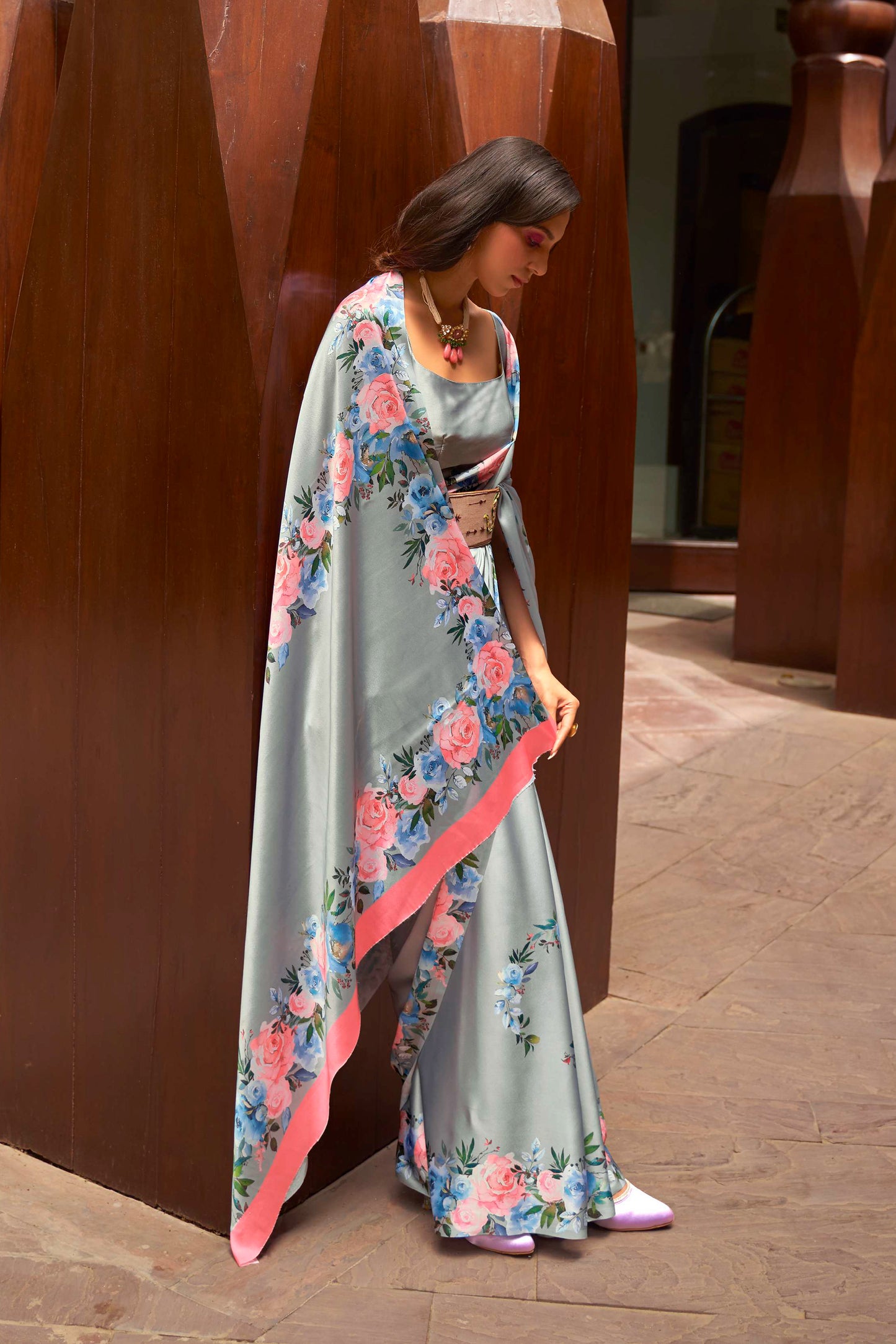 Glossy Grey Floral 3D Printed Pure Satin Silk Saree for Weddings