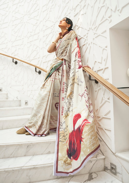 Off White 3D designer Printed Saree with Blouse for Weddings