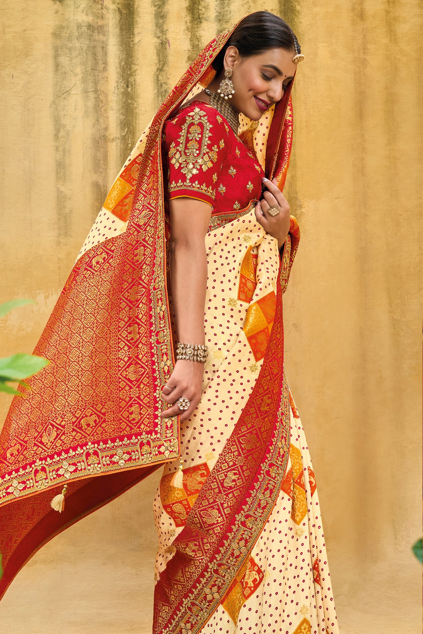 Creme with Red  Dola Silk Big Bordered Designer Saree with Embroidered Blouse