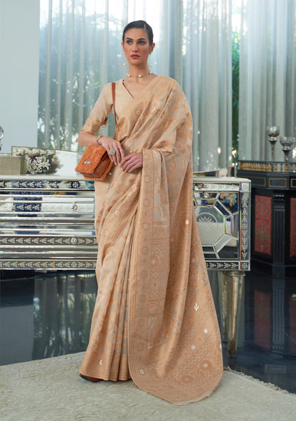 Beige Pure Modal Silk Woven Lucknowi Saree