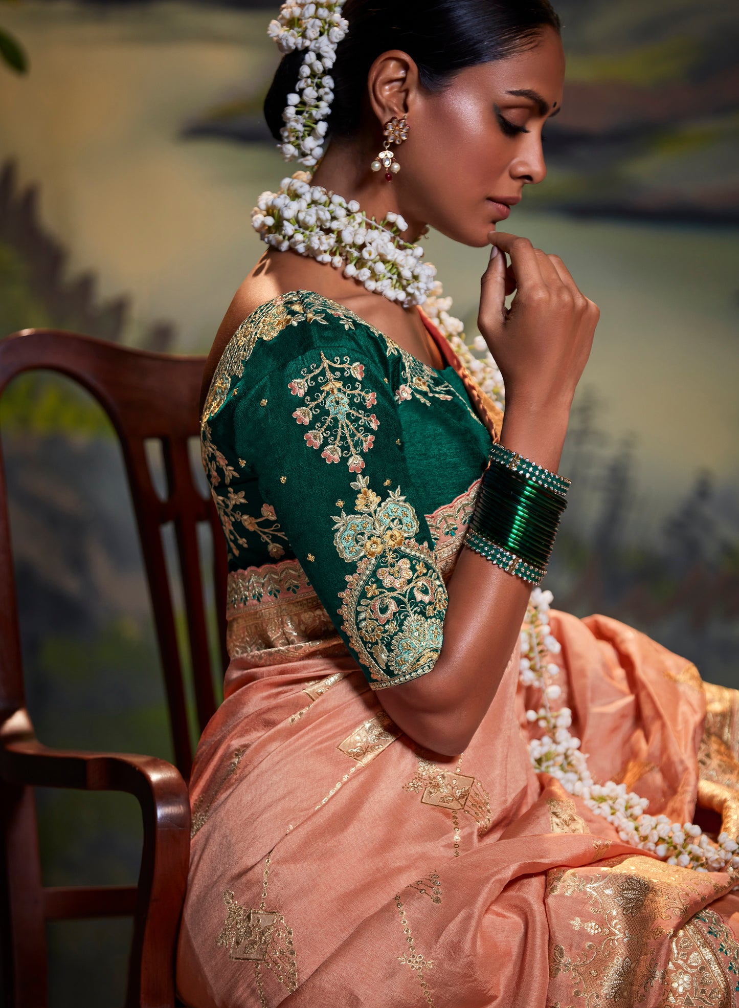 Peach Banarasi Woven Designer Saree with Bottle Green Blouse