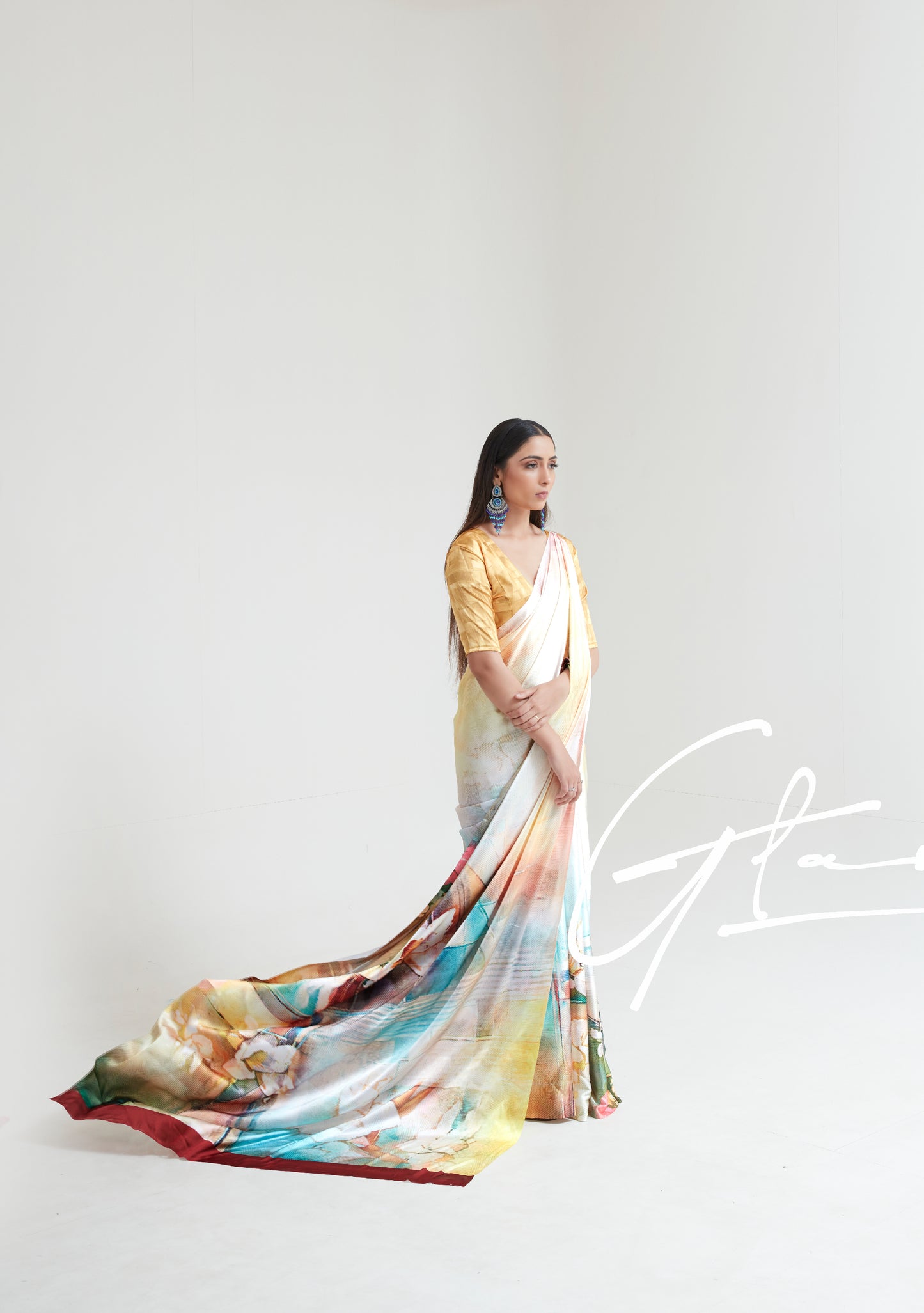 Sunset Yellow Abstract 3D Printed Pure Satin Silk Saree for Weddings