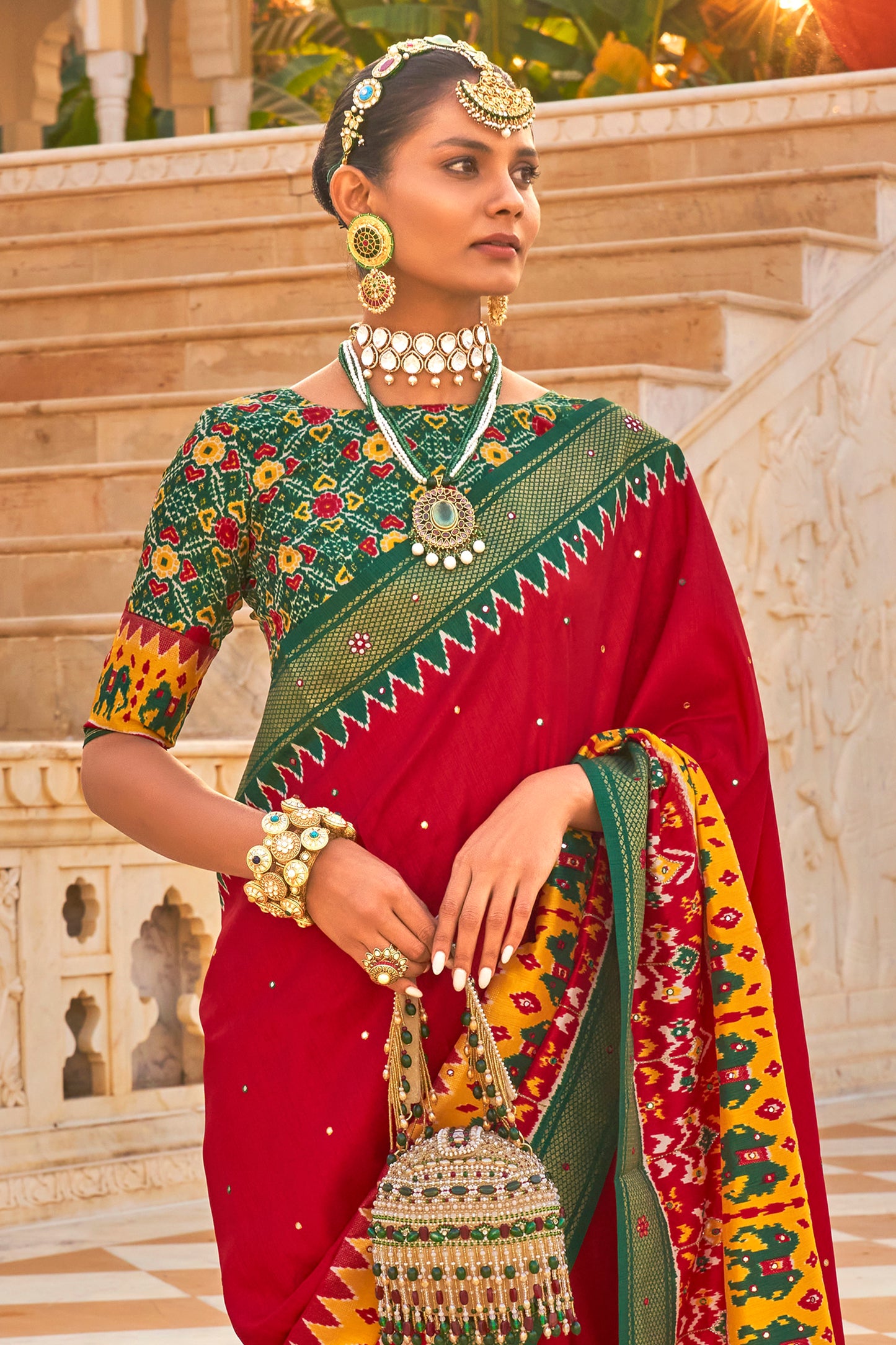 Dark Red Patola Inspired Designer Embellished Bordered Saree