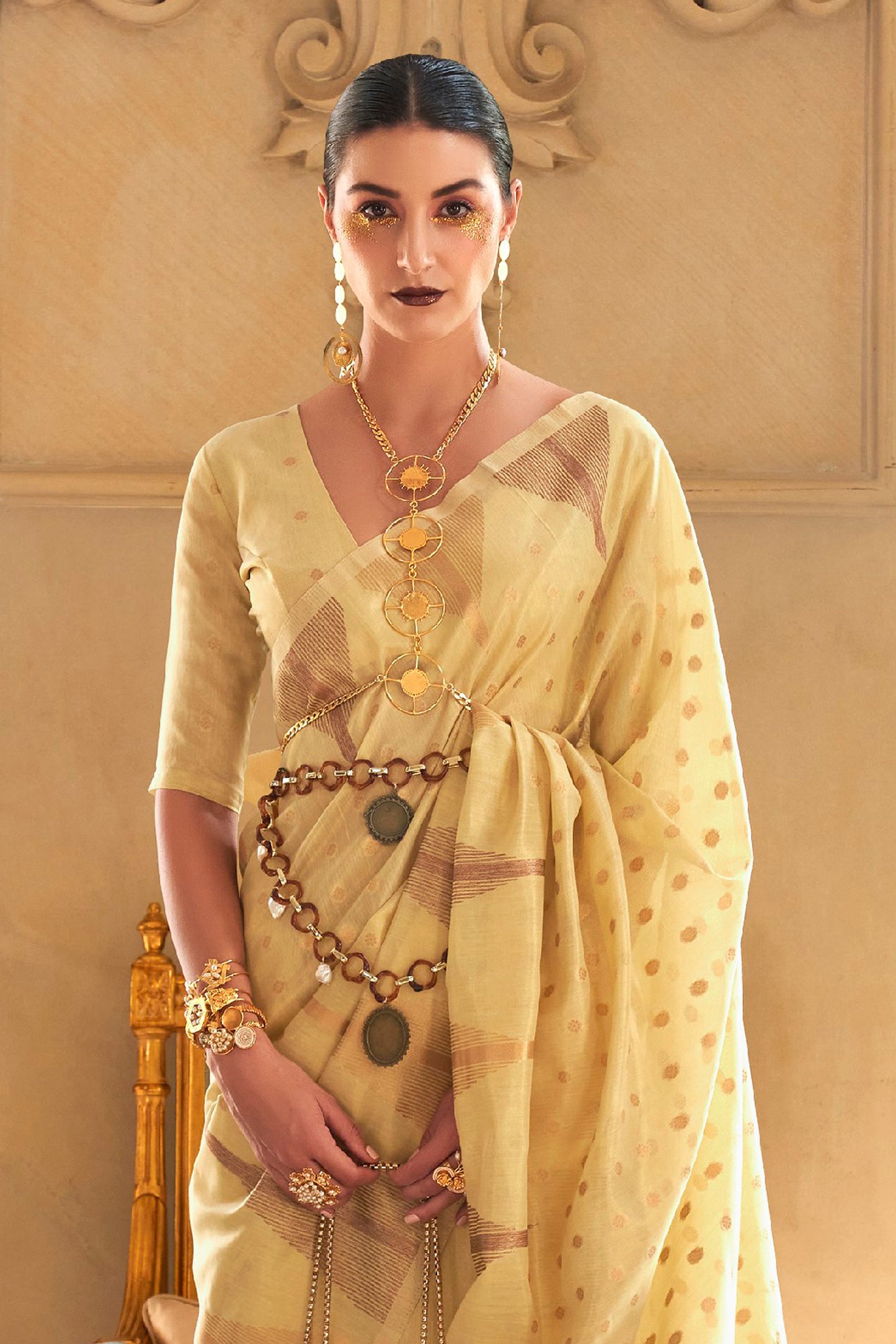 Butter Yellow Temple Bordered Designer Soft Tissue Saree for Weddings