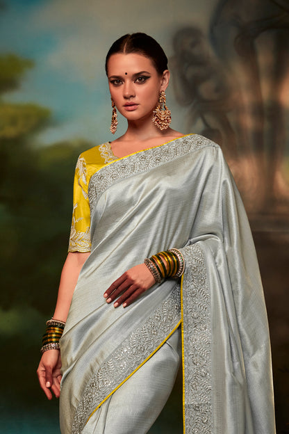 Silver Moon Feather Light Organza Saree with Designer Blouse