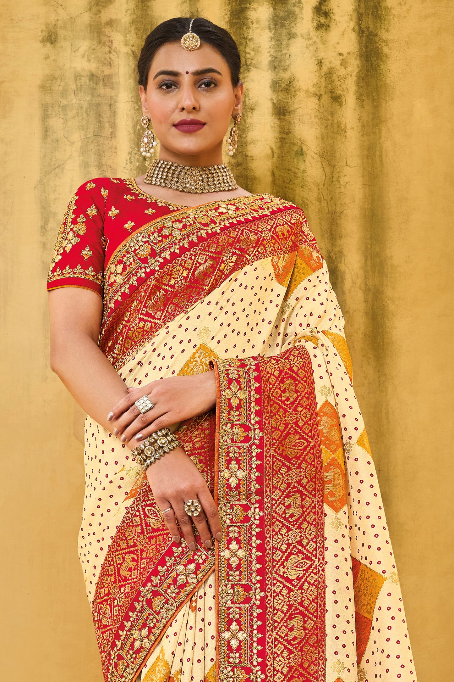 Creme with Red  Dola Silk Big Bordered Designer Saree with Embroidered Blouse