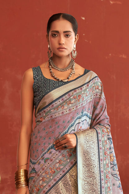 Mauve Grey Pen Kalamkari Printed Silk Saree with Woven Kanchi Pallu