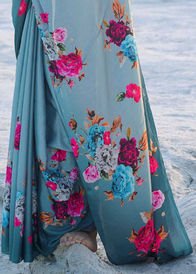 Ombre Blue Floral Digital Printed Satin Silk Saree