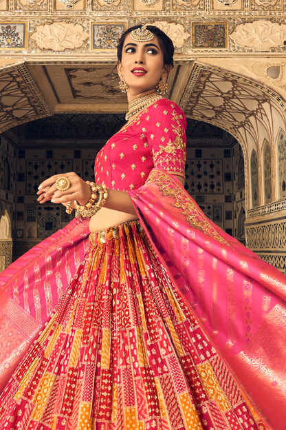 Pink & Yellow Crushed Silk Bridal Lahenga Choli with Embroidered Blouse
