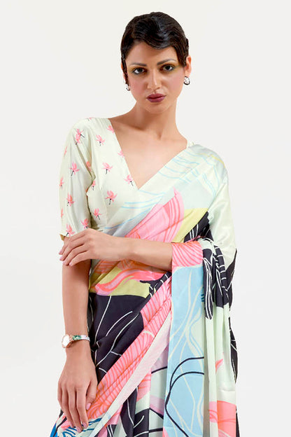 Abstract White  Designer Pure Satin Silk Saree with Blouse