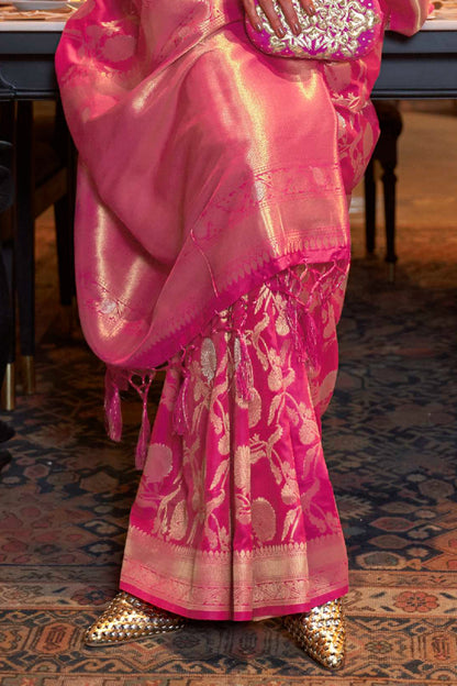 Strawberry Pink Woven Banarasi Jungla Jaal Soft Silk Saree