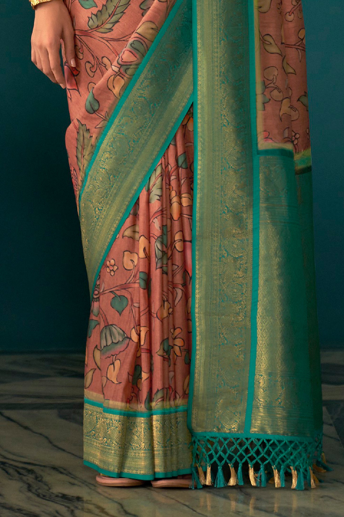 Chickoo Coloured Pure Satin Kalamkari Saree with Kanchi Pallu