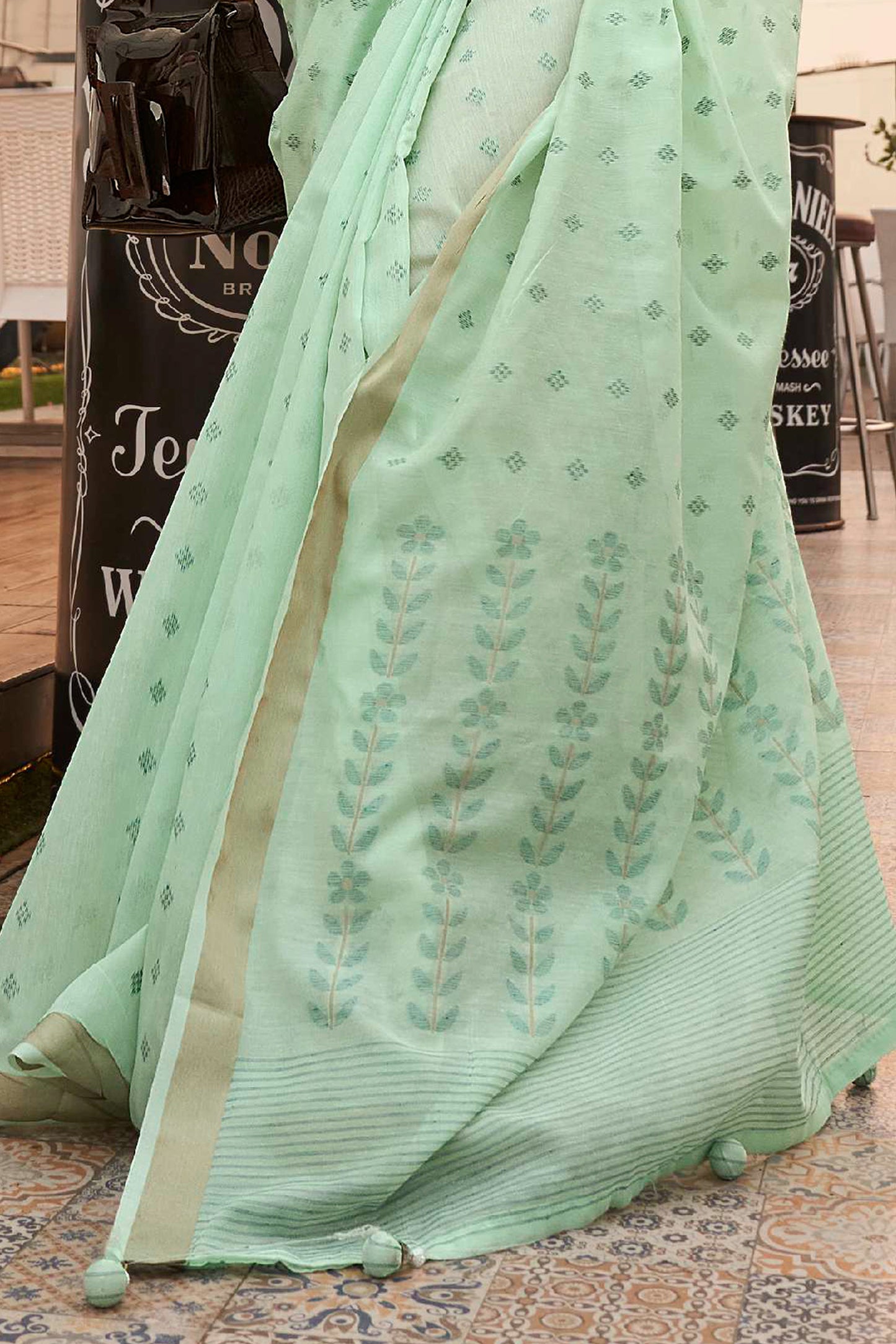 Light Sage linen Inspired Designer Saree