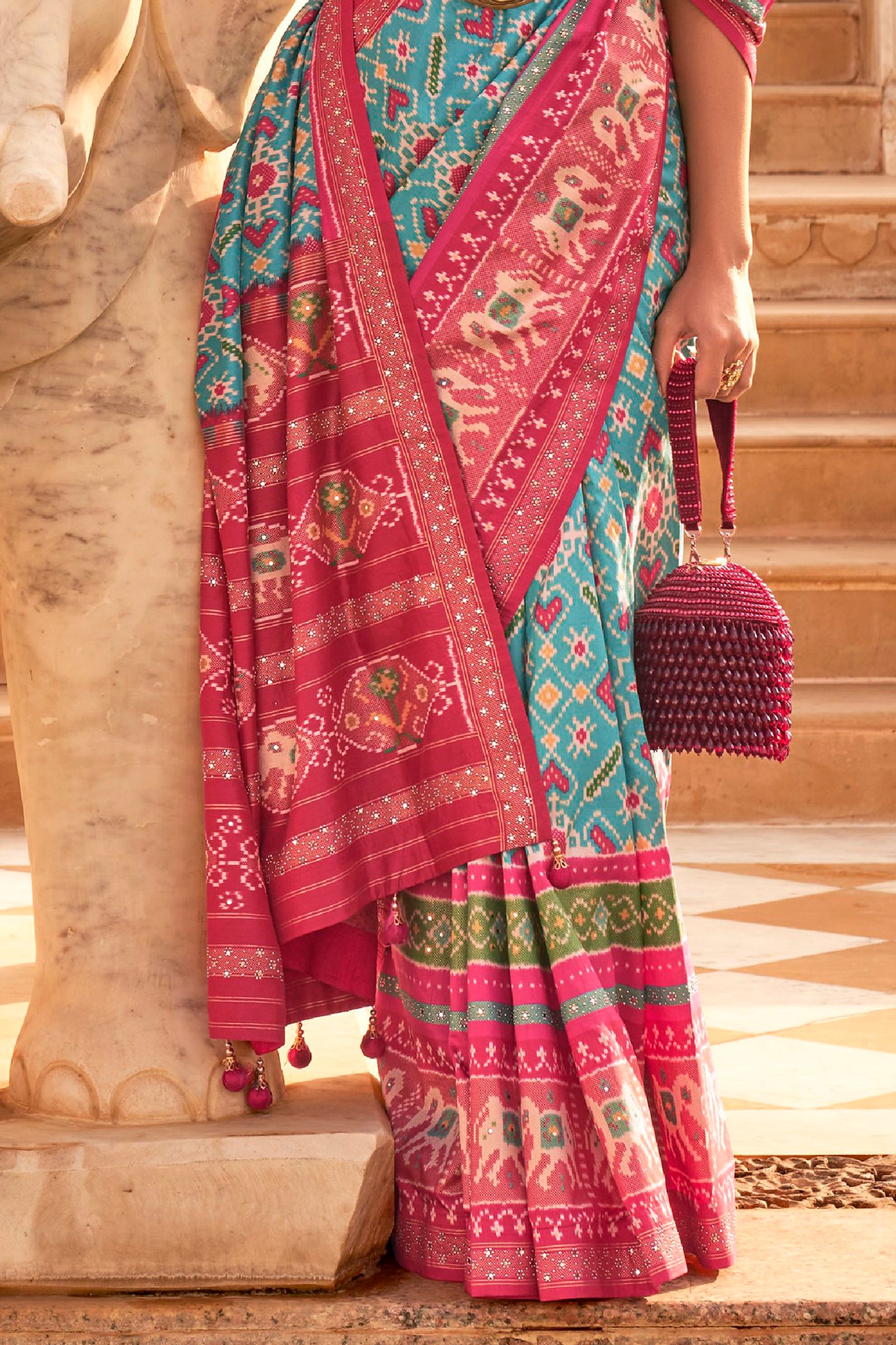 Light Blue Woven Patola Designer Saree with Elephant Border