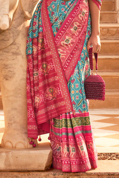 Light Blue Woven Patola Designer Saree with Elephant Border