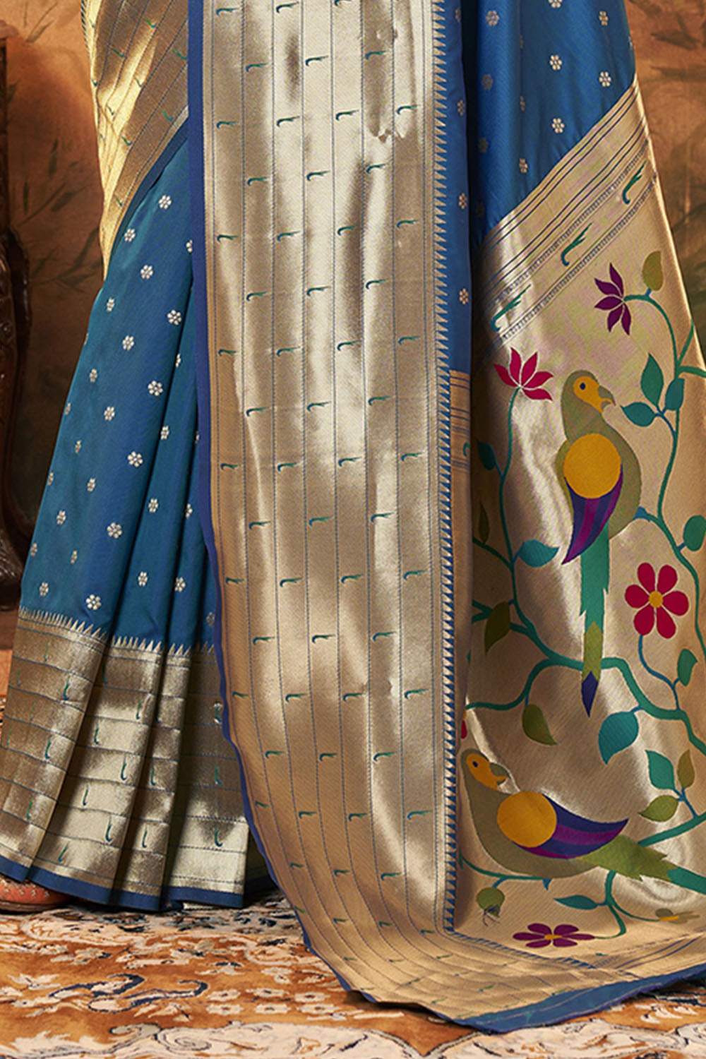 Peacock Blue Banarasi Paithani Saree with Parrot Pallu and Broad Zari Border