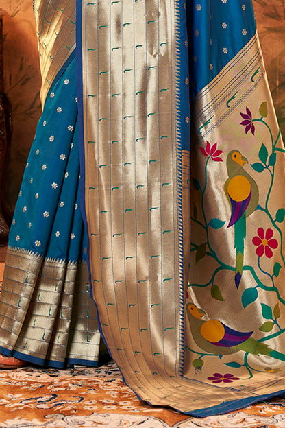 Peacock Blue Banarasi Paithani Saree with Parrot Pallu and Broad Zari Border