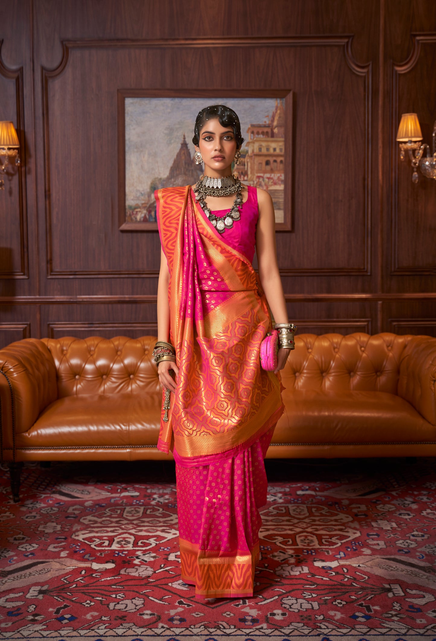 Pink & Orange Banarasi Silk Saree with Designer Blouse for Women