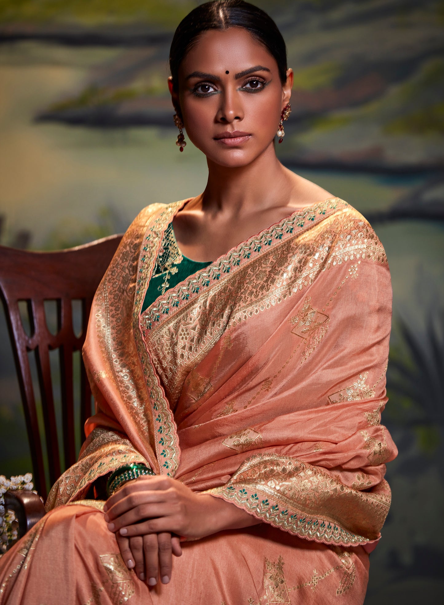 Peach Banarasi Woven Designer Saree with Bottle Green Blouse