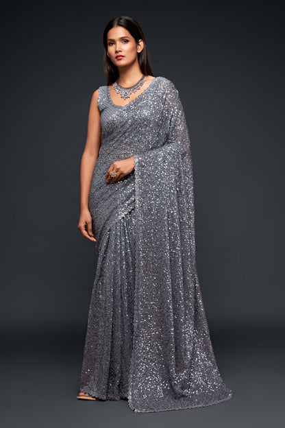 Cool Gray Sequin emblished Designer Sparkling Georgette Saree Bloue for Every Occassions