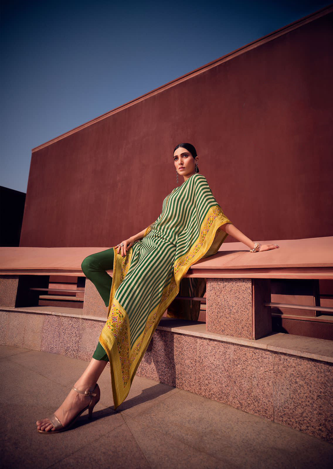 Green White Stripe Kaftan Dress with Yellow Patola Border