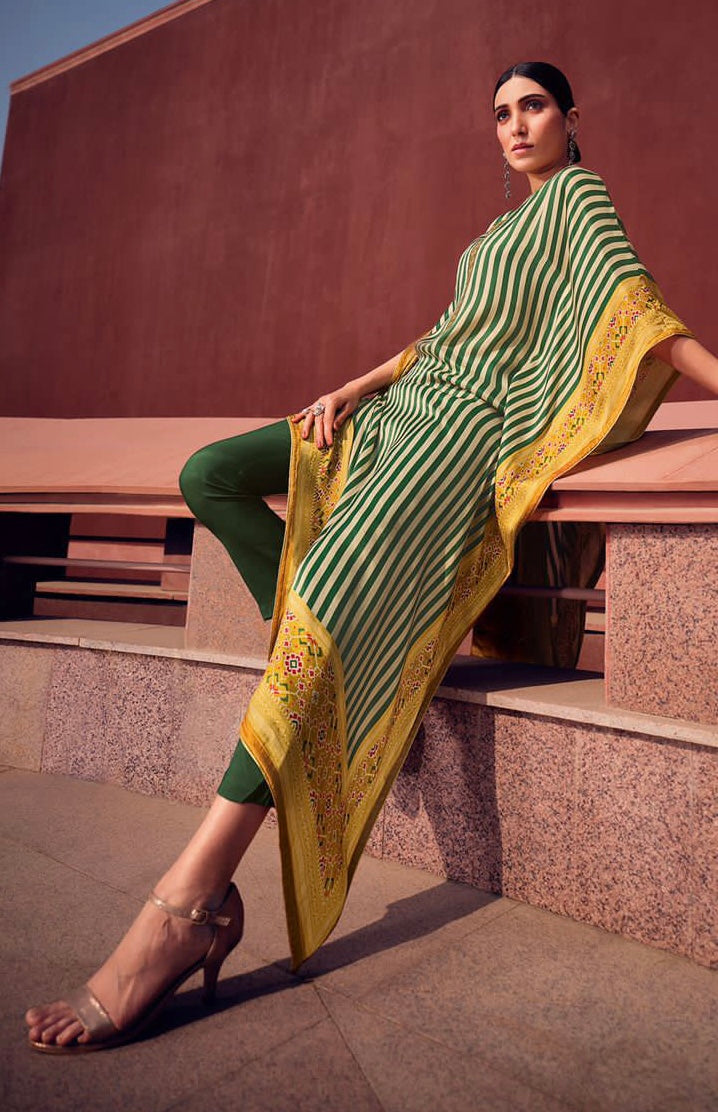 Green White Stripe Kaftan Dress with Yellow Patola Border