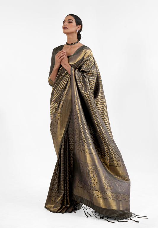 Charcoal Black  Zari Woven Soft Kanjivaram Silk Saree