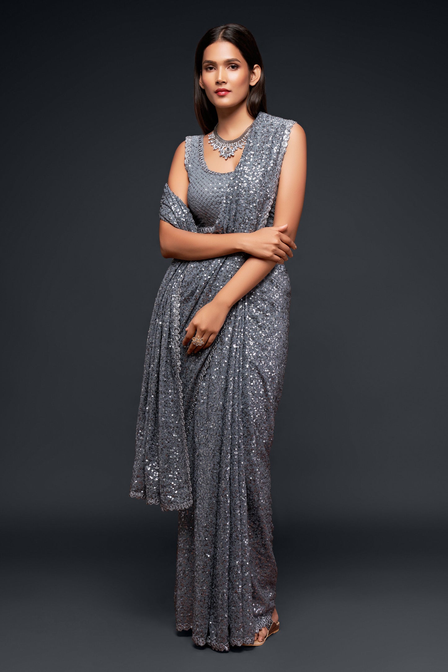 Cool Gray Sequin emblished Designer Sparkling Georgette Saree Bloue for Every Occassions