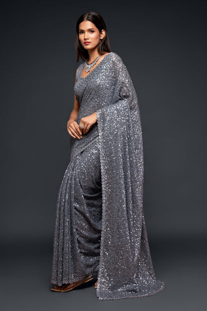 Cool Gray Sequin emblished Designer Sparkling Georgette Saree Bloue for Every Occassions