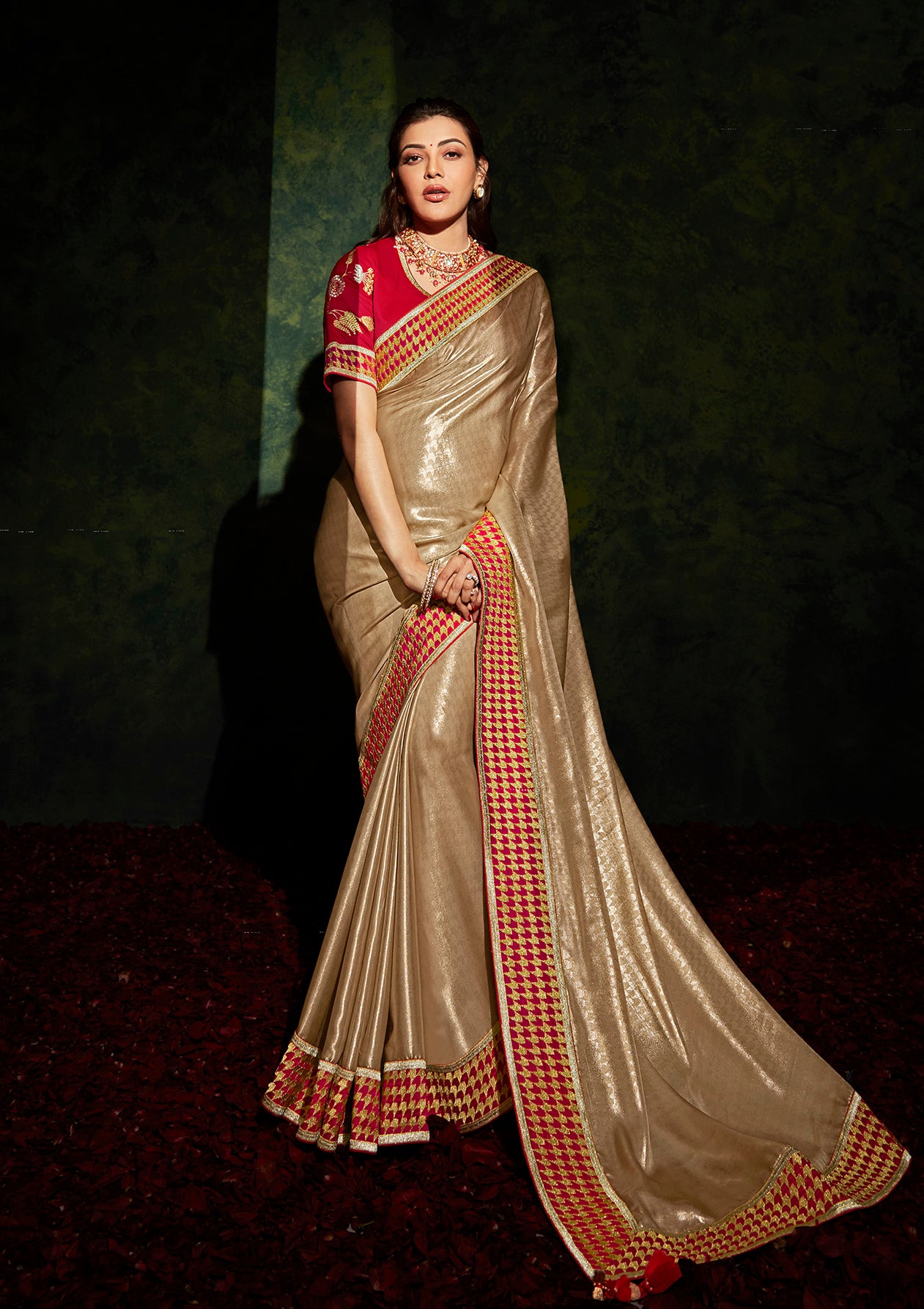 Sepia Brown Soft Metallic Organza Saree with Red Embroidered Blouse