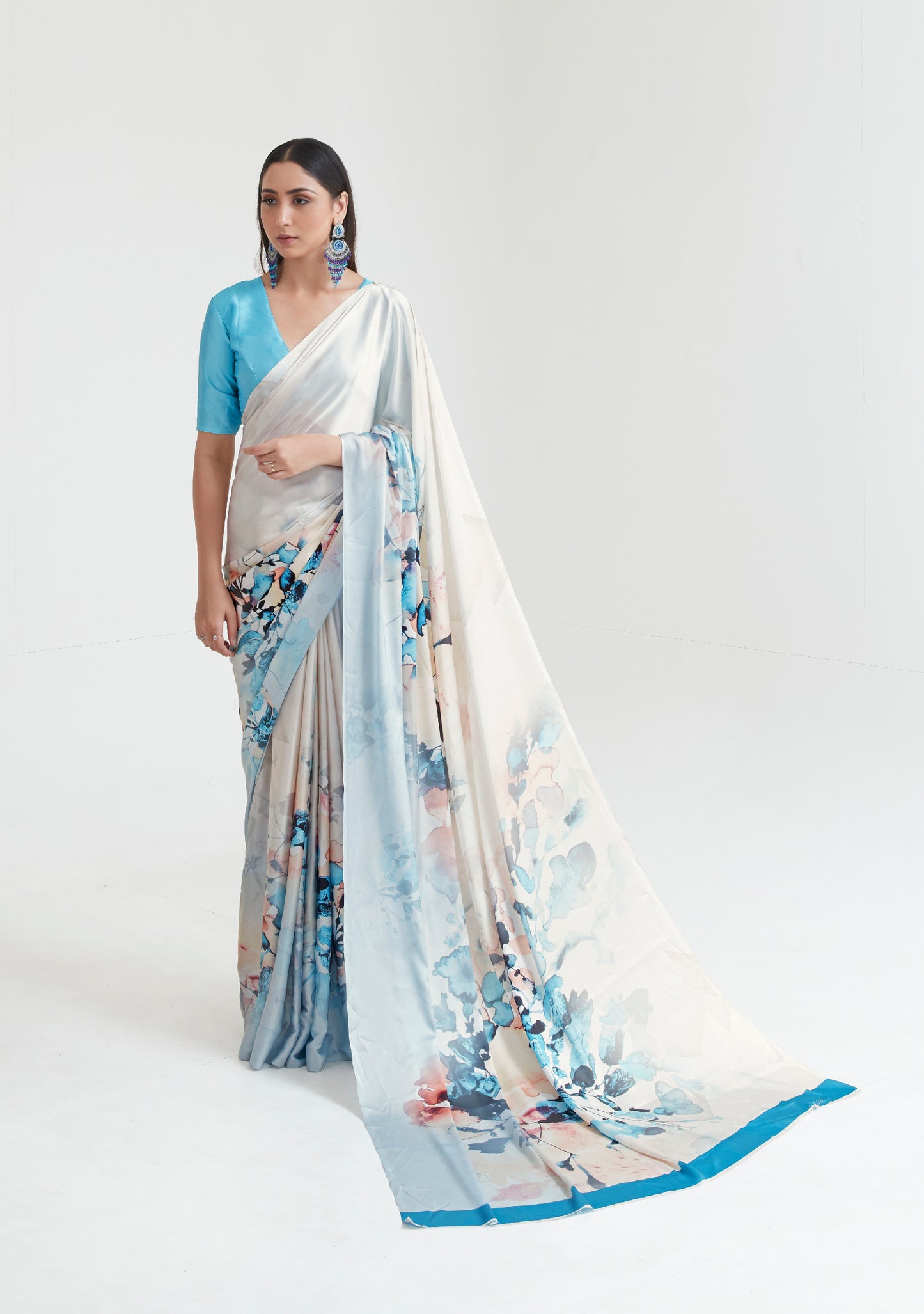 White Blue Abstract 3D Printed Pure Satin Silk Saree for Weddings