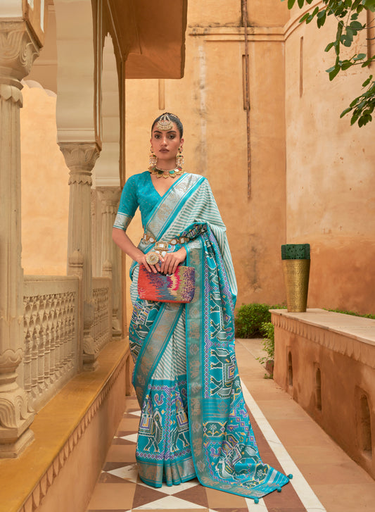 Sky Blue Patola Silk Saree For Woman With Zari Border Patola Silk Saree