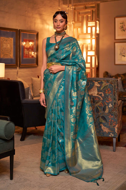 Cerulean Blue Woven Banarasi Jungla Jaal Soft Silk Saree