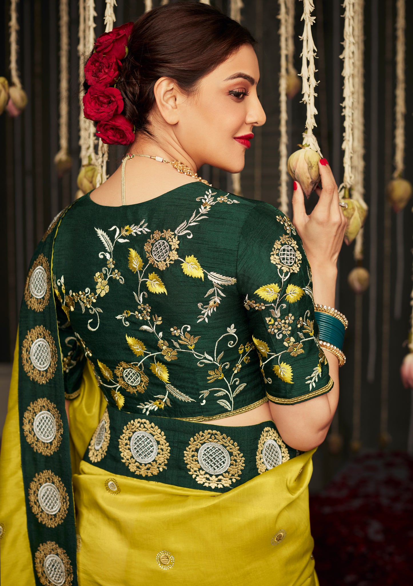 Pineapple Yellow Satin Silk Designer Saree with Green Blouse