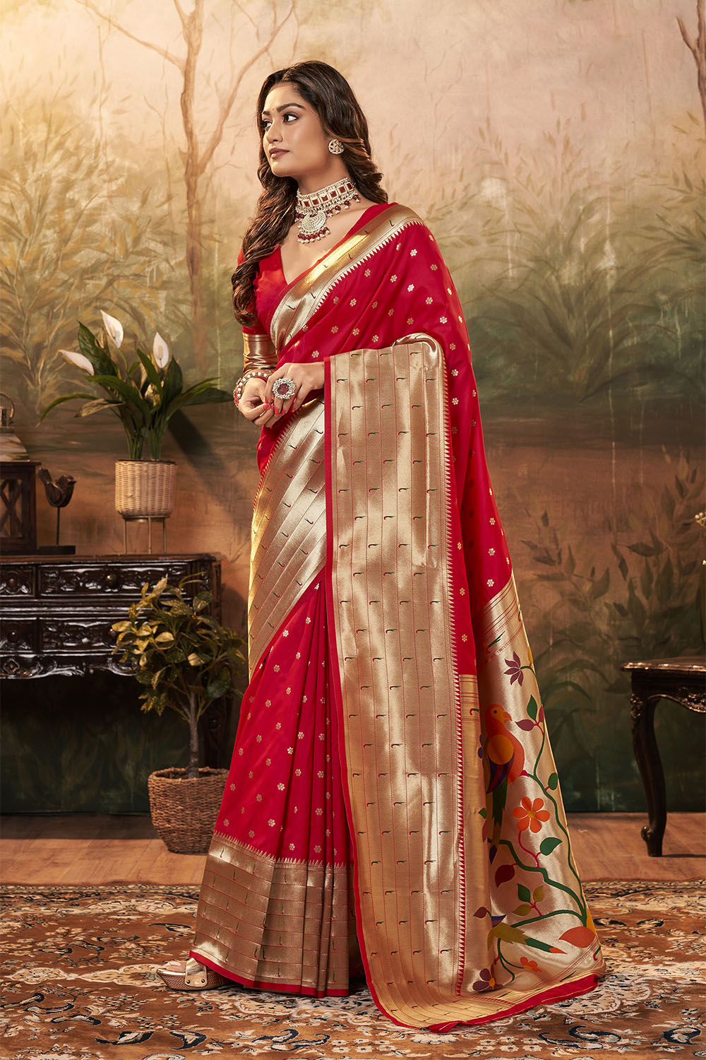 Cherry Red Banarasi Paithani Saree with Parrot Pallu and Broad Zari Border