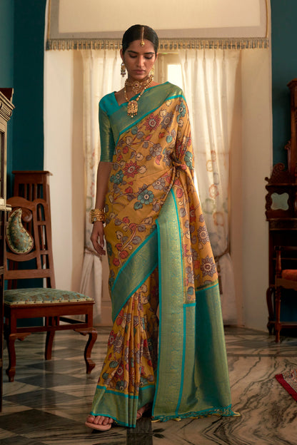 Mustard Yellow Pure Satin Kalamkari Saree with Kanchi Pallu