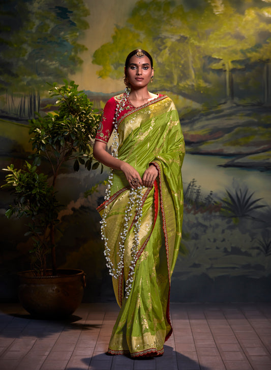 Green Woven Banarasi Designer Saree with Red Blouse