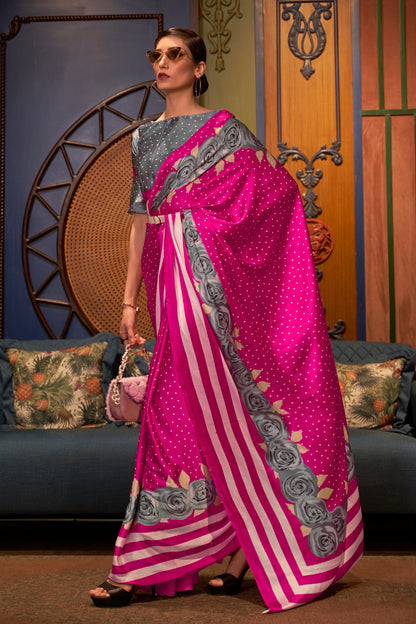 Pink Polka Dot Designer 3d Printed Soft Satin Silk Saree with Blouse