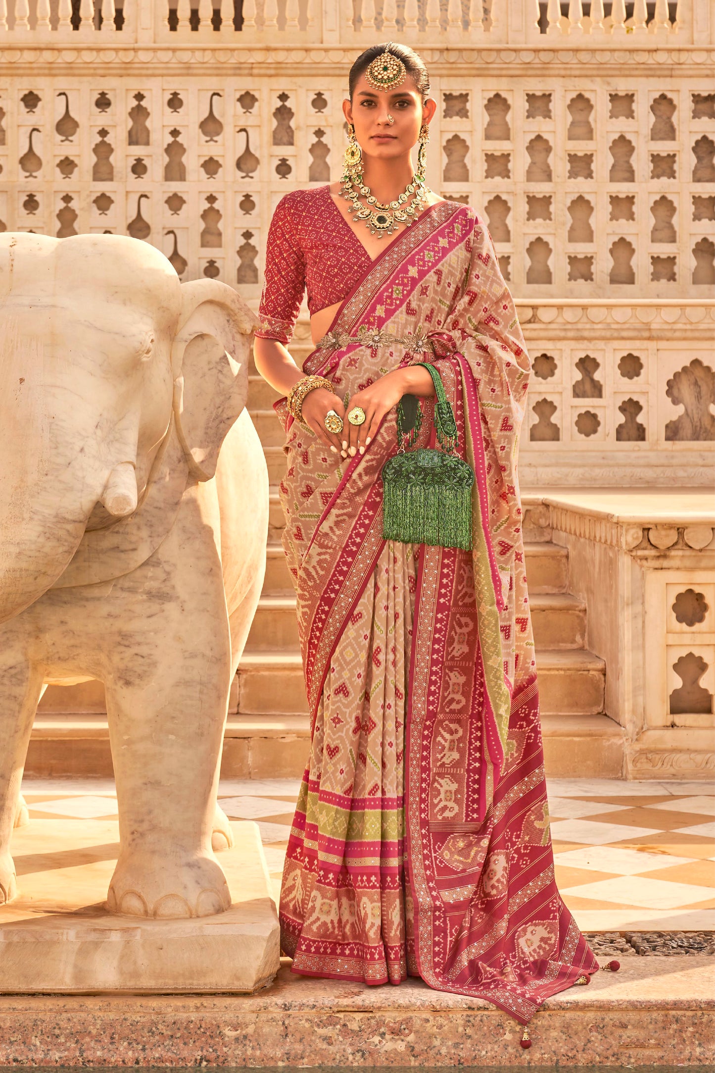 Light Beige Woven Patola Designer Saree with Elephant Border