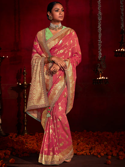 Coral Pink Banarasi Junglaa Jaal Silk Saree with Florescent Blouse