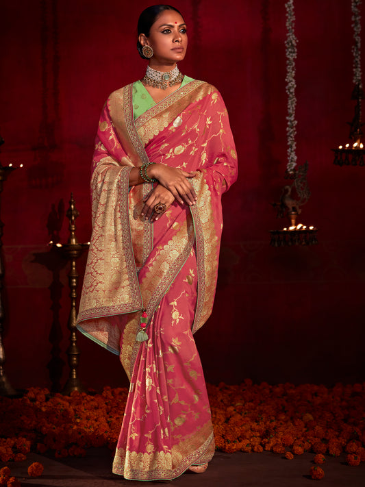 Coral Pink Banarasi Junglaa Jaal Silk Saree with Florescent Blouse