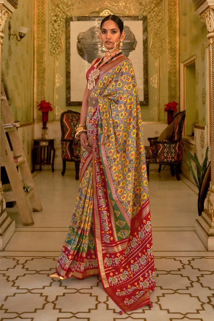 Grey with Yellow Ikat Design Patola Saree with Patola Border and Blouse