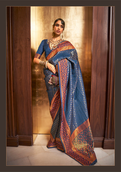 Egyptian Blue Banarasi Silk Saree with Designer Blouse for Women