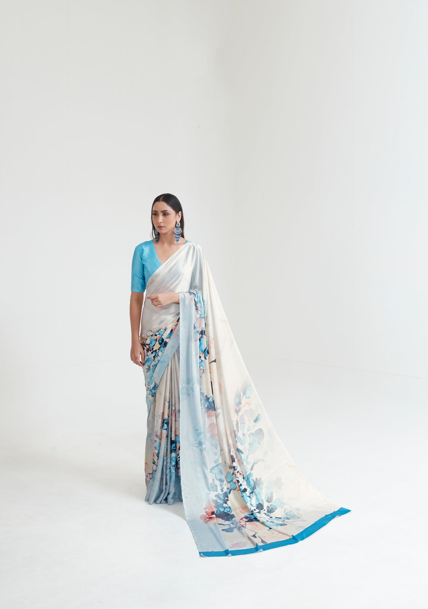 White Blue Abstract 3D Printed Pure Satin Silk Saree for Weddings